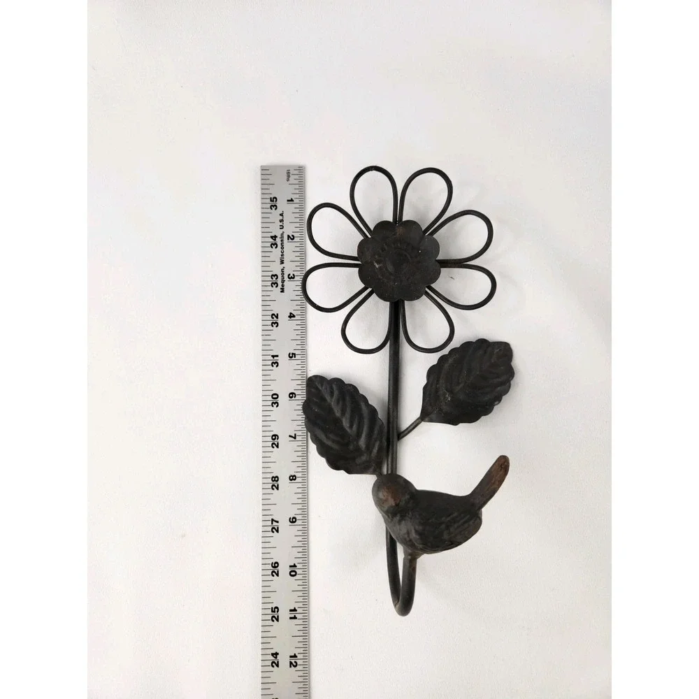 Bird and Flower Decorative Cast Metal Wall Mount Rustic Hook Daisy Cottagecore